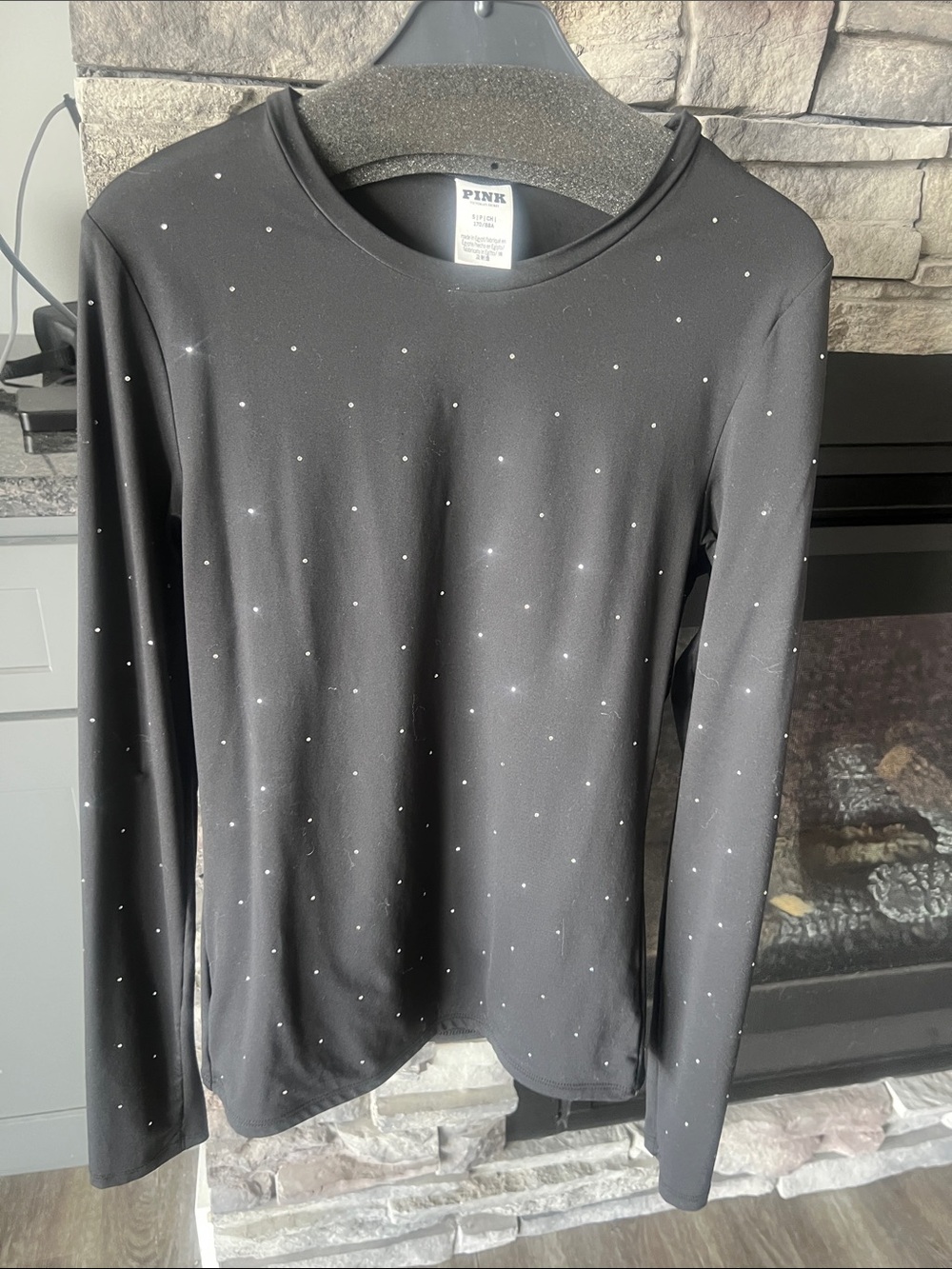 PINK Victoria's Secret Black Long-Sleeve Top with Rhinestone Dots